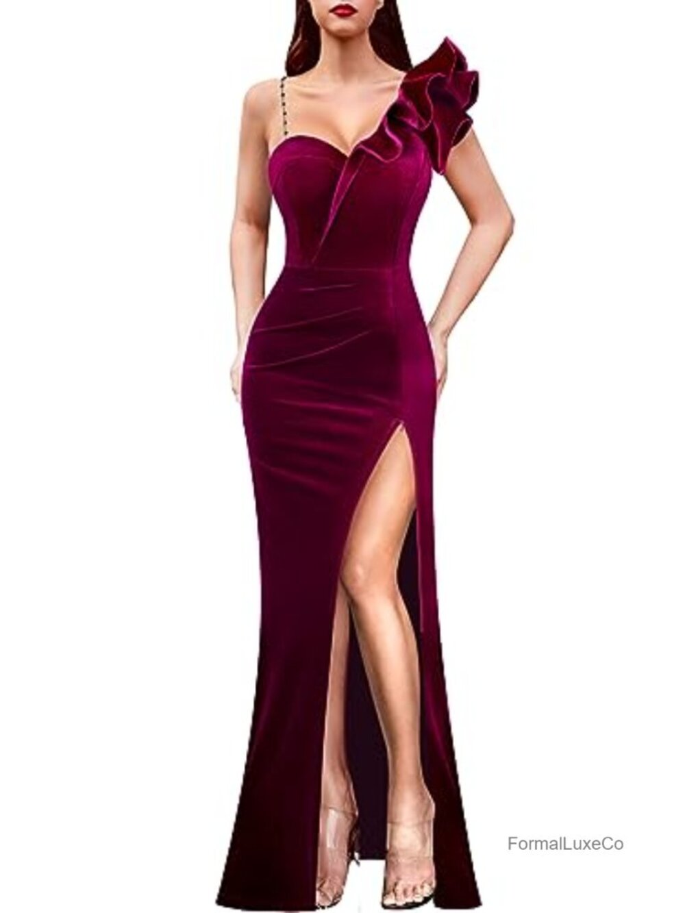 One Shoulder Ruffle Mermaid Maxi Dress with Slit Formal Gown Velvet